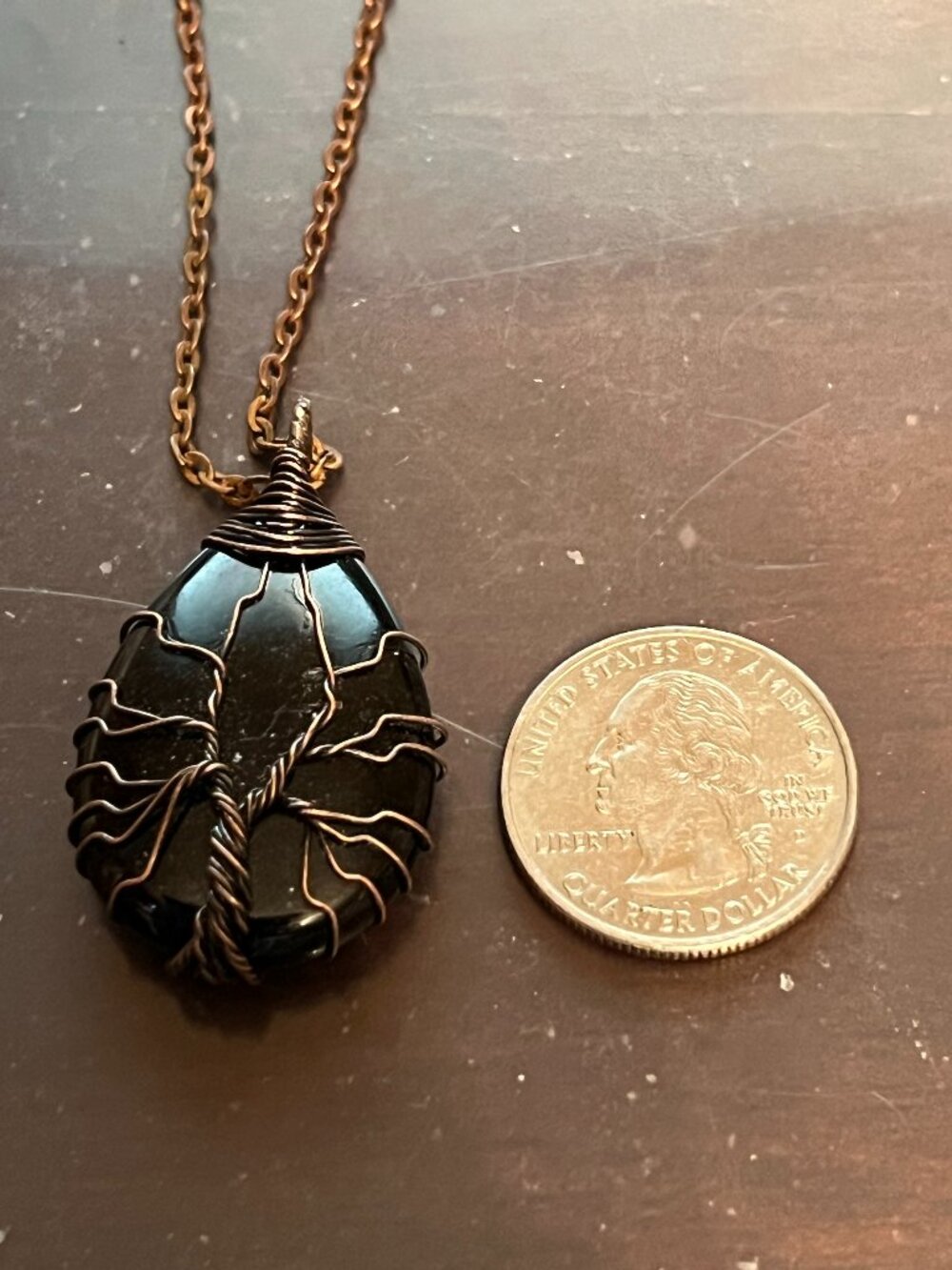 Wire Wrapped Tree of Life Black Agate Stone Pendant Necklace (498)